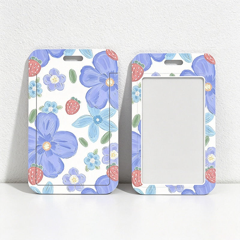 Cute Oil Painting Flower Card Holder with Keychain/Lanyard, Cartoon ID Card Case for Students & Kids