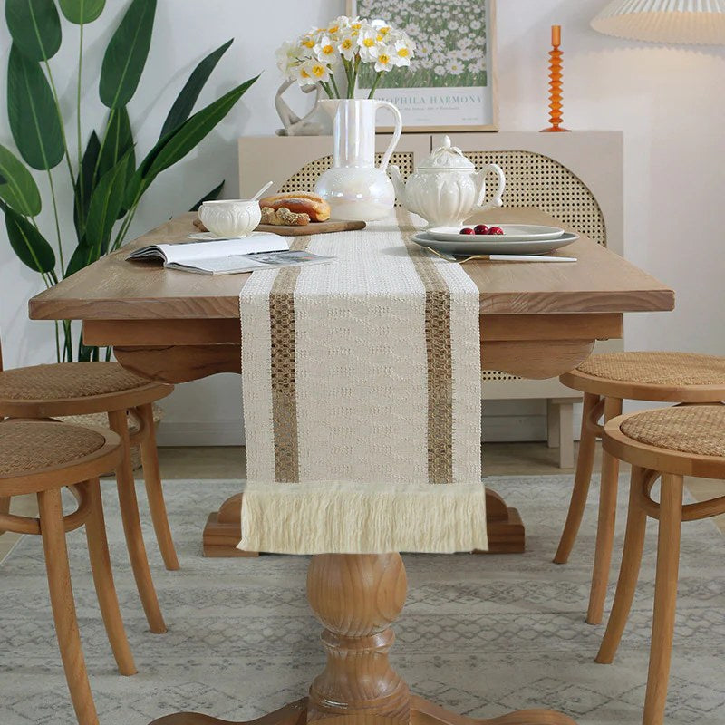 CouldNook Farmhouse Cotton Linen Table Runner - Rustic Boho Woven Macrame Mat