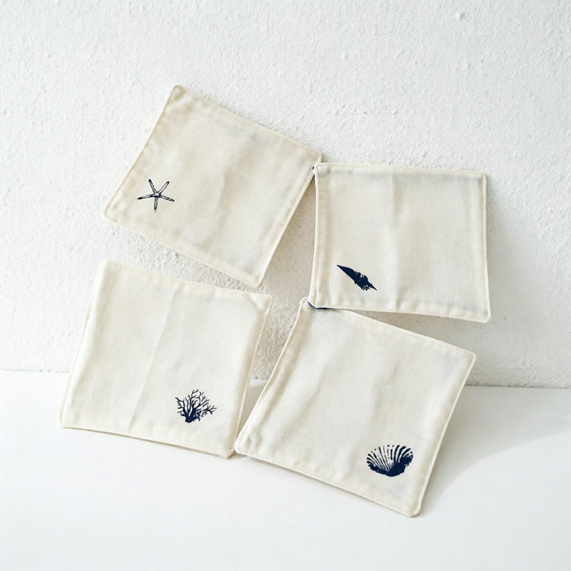 CouldNook Rustic Embroidered Fabric Coaster Set of 4 - Farmhouse Cotton Mug Mat