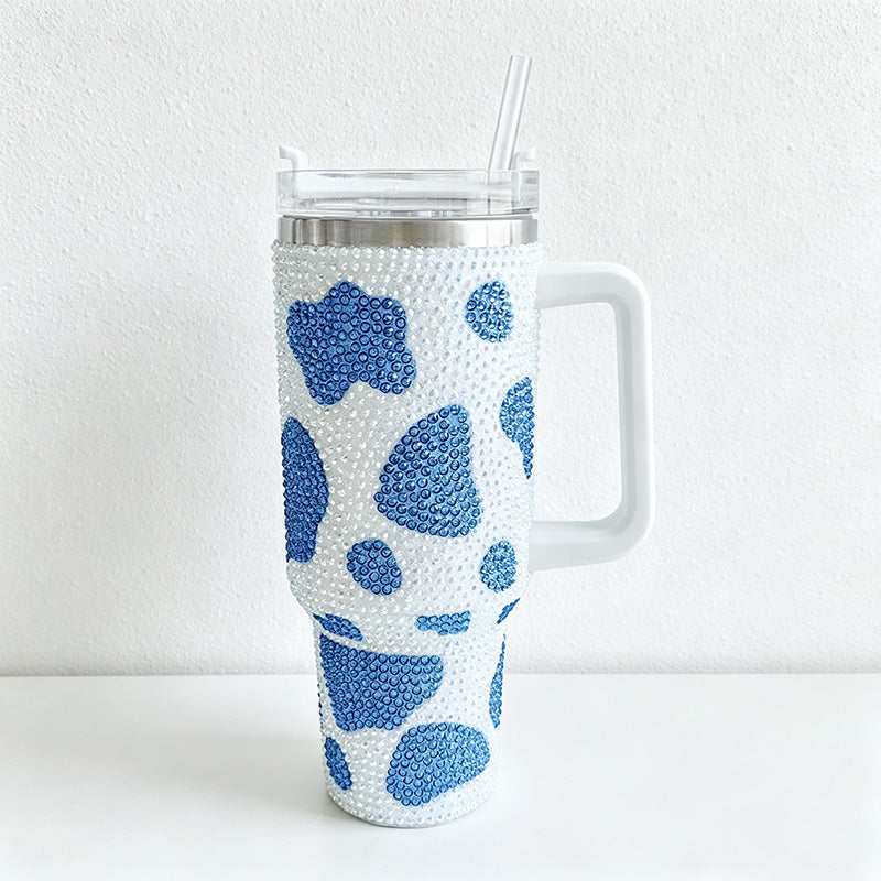 CouldNook 40oz Rhinestone Cow Print Tumbler-Stainless Steel Vacuum Insulated Ice Tumbler with Handle & Straw