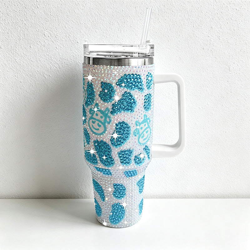 CouldNook 40oz Rhinestone Cow Print Tumbler-Stainless Steel Vacuum Insulated Ice Tumbler with Handle & Straw