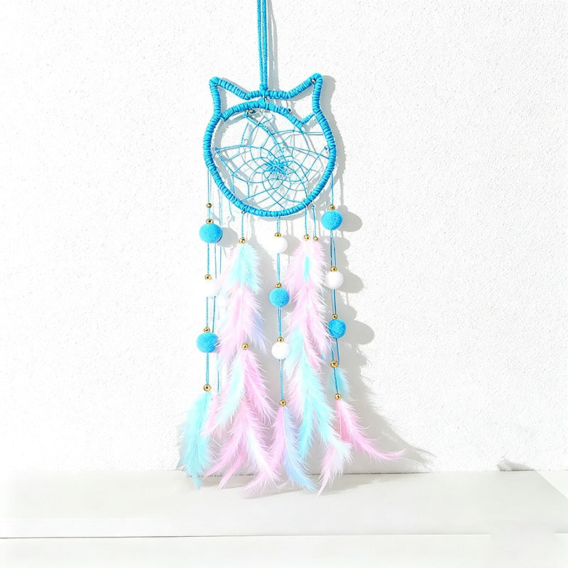 CouldNook Dreamcatcher-Handmade Star Moon Cat Shaped Feather Pom Pom Dream Catcher Wind Chime