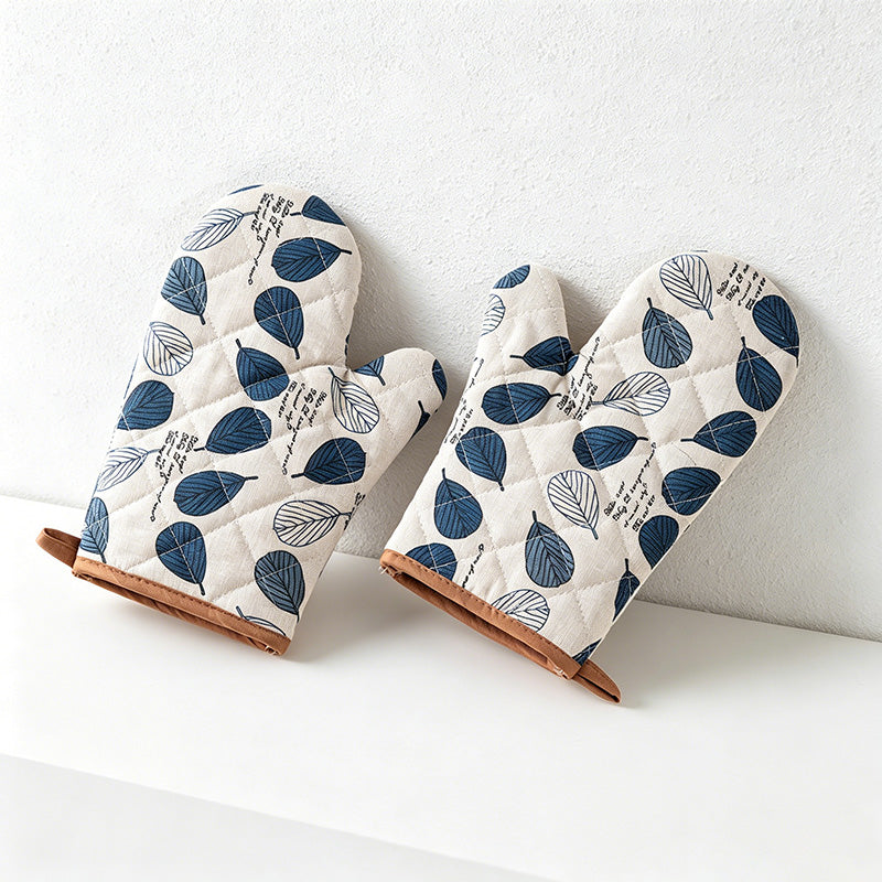 CouldNook Cotton Linen Oven Mitt Pair - Botanical Leaf Kitchen Decor