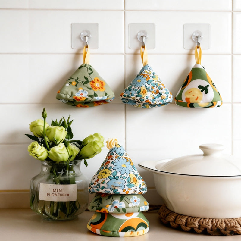 CouldNook Floral Cotton Triangle Pot Lid Cover & Mini Oven Mitt - Anti-Scald Holder