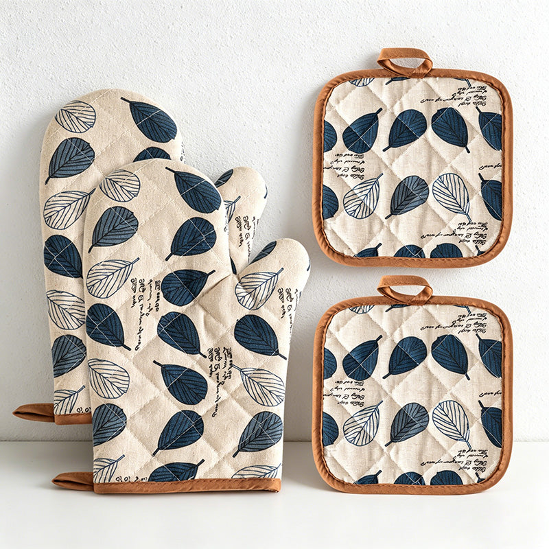 CouldNook Cotton Linen Oven Mitt Pair - Botanical Leaf Kitchen Decor