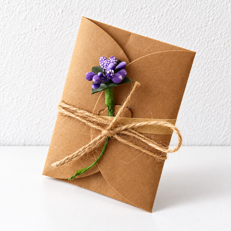 Flower Greeting Card - Kraft Folded Cover and Twine Bow