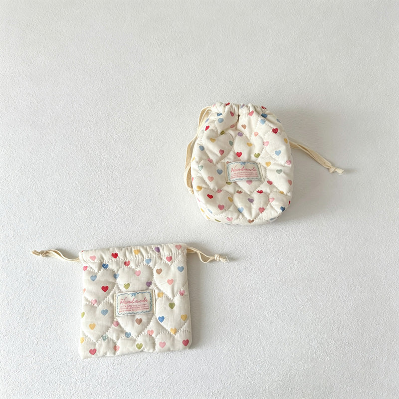 CloudNook Heart Quilted Drawstring Pouch‑Cosmetic Storage Bag