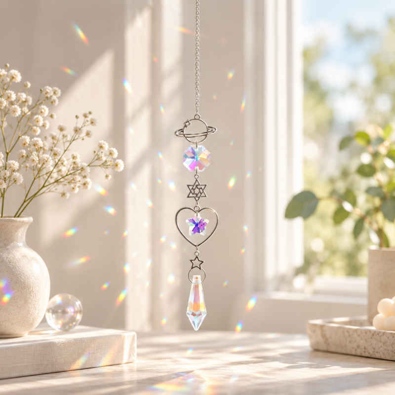 CouldNook Celestial Suncatcher - Silver-Toned Motifs and Linked Faceted Decorations
