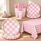 CouldNook Pink Gingham Party Tableware - Scalloped Plates And Matching Accessories