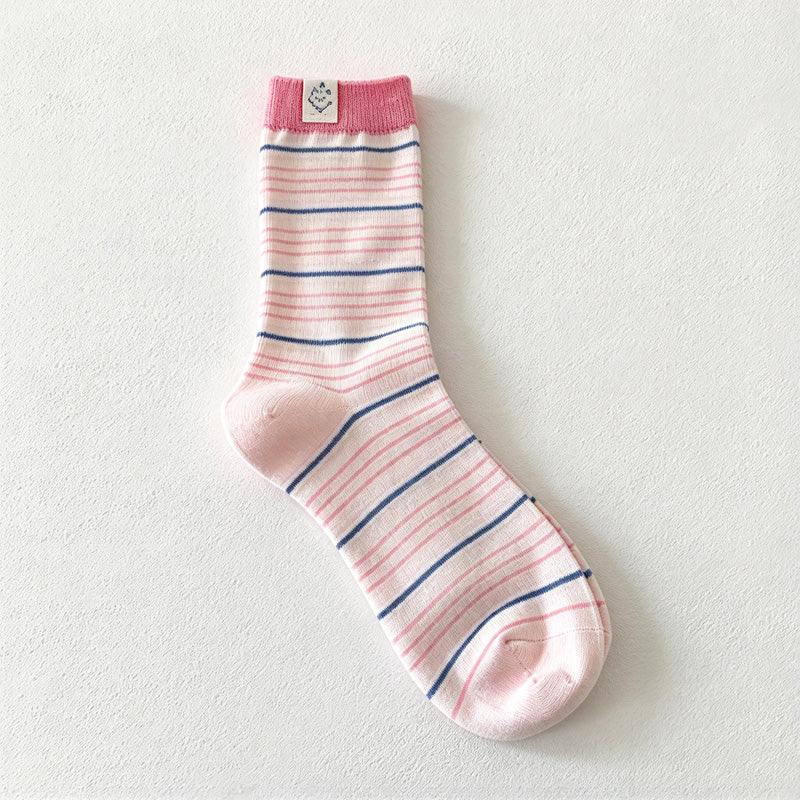 CouldNook Cat Label Striped Socks - Fine Bands And Contrasting Cuffs