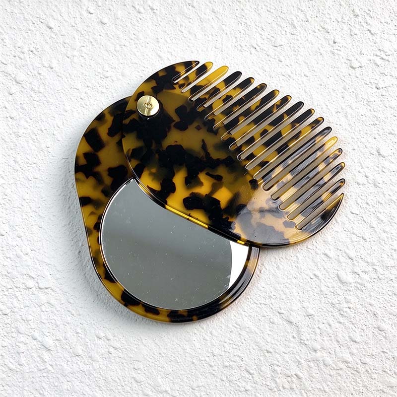 CouldNook Oval Mirror Comb - Patterned Acetate and Gold-tone Swivel Pivot
