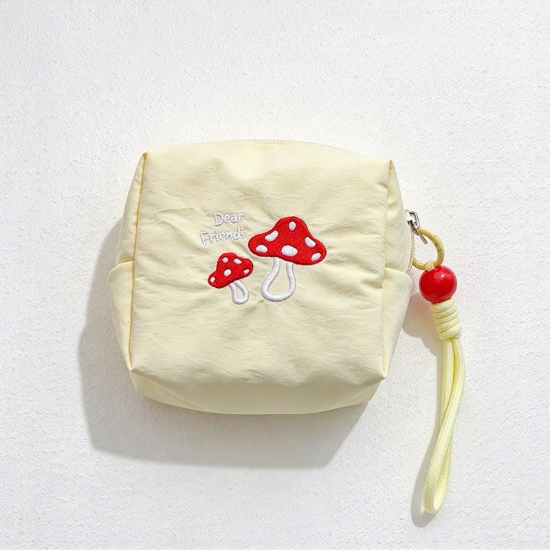 CouldNook Embroidered Mushroom Makeup Bag - Beaded Wrist Loop And Zipper