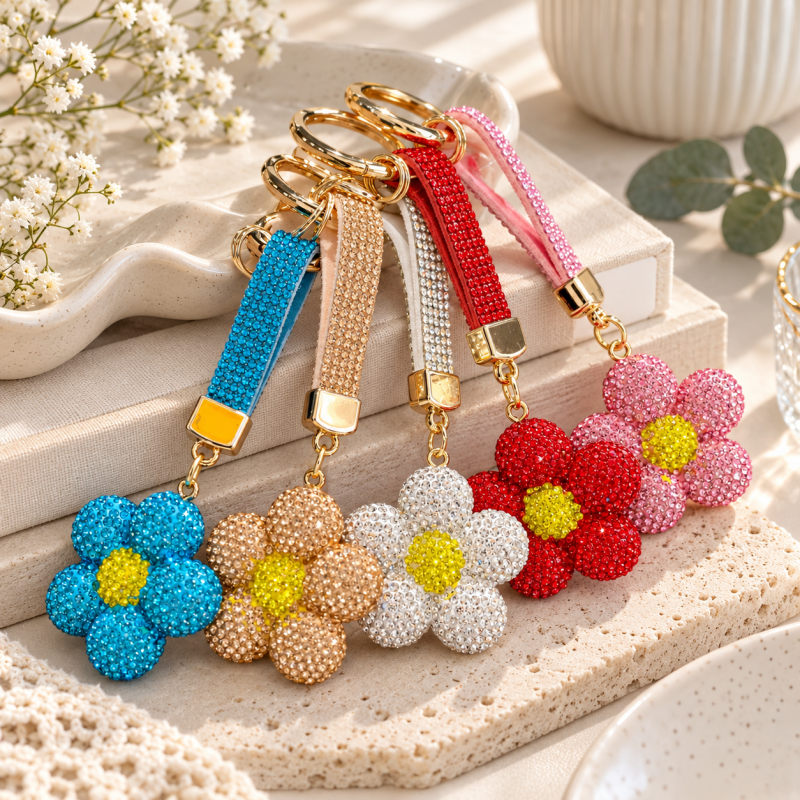 CouldNook Flower Keychain - Rhinestone Petals and Coordinating Decorative Strap