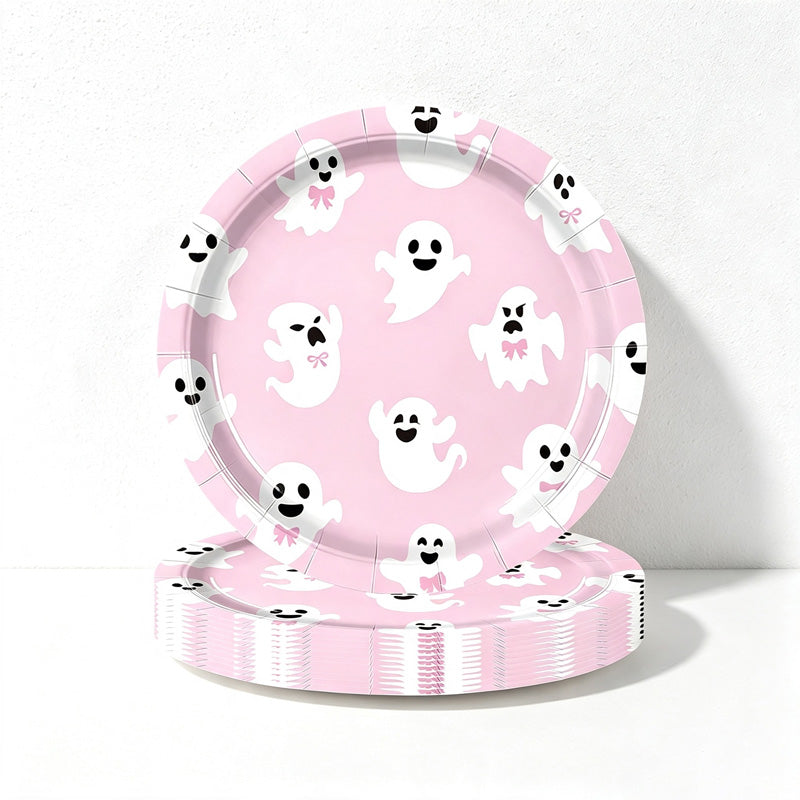 CloudNook Pink Ghost Halloween Party‑Disposable Tableware 9-Piece Set