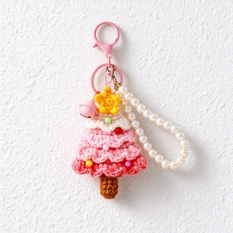 Crochet Christmas Tree Keychain with Pearl-Look Bead Loop