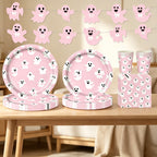 CloudNook Pink Ghost Halloween Party‑Disposable Tableware 9-Piece Set