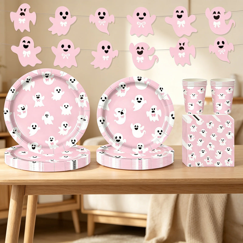 CloudNook Pink Ghost Halloween Party‑Disposable Tableware 9-Piece Set