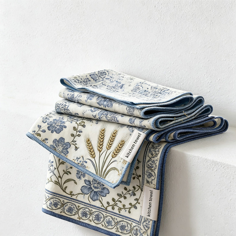 CouldNook Printed Tea Towel - Floral Blue and Brown Patterns