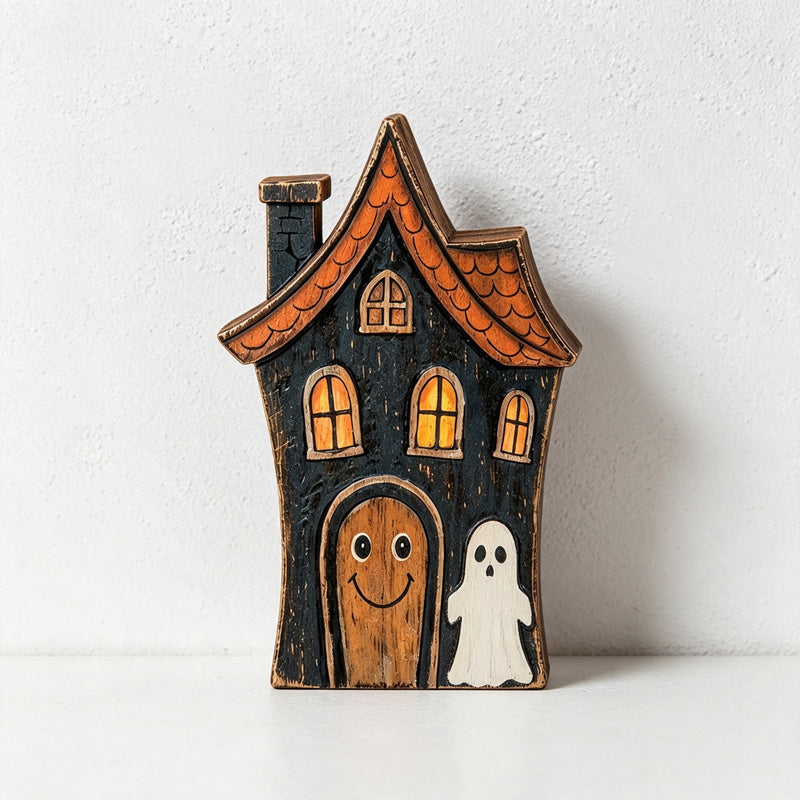 CouldNook Halloween Wooden Tabletop Block‑Ghost Black Cat Pumpkin Haunted House Decor