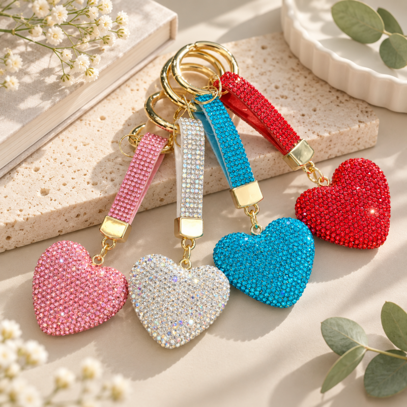 CouldNook Heart Keychain - Rhinestone-covered Shape and Matching Short Strap