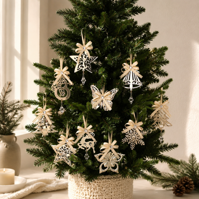 CouldNook Christmas Iron Hanging Ornament - Cutout Shapes and Ribbon Bow