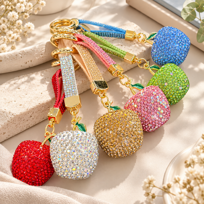 CouldNook Apple Keychain - Dimensional Rhinestone Fruit and Small Leaf Detail
