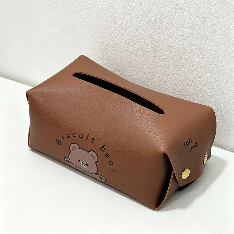 Car Hanging PU Leather Tissue Box - Cute Cartoon Multi-Functional Tissue Holder