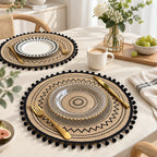 CouldNook Round Jute Placemat - Mandala Print and Decorative Trim