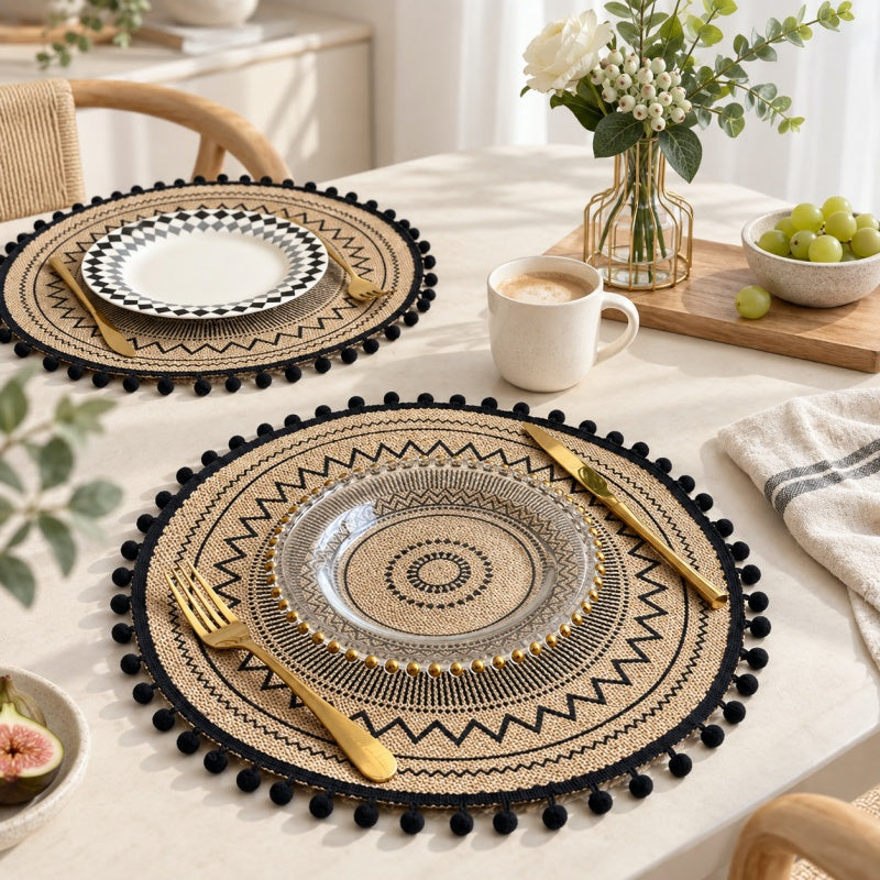 CouldNook Round Jute Placemat - Mandala Print and Decorative Trim