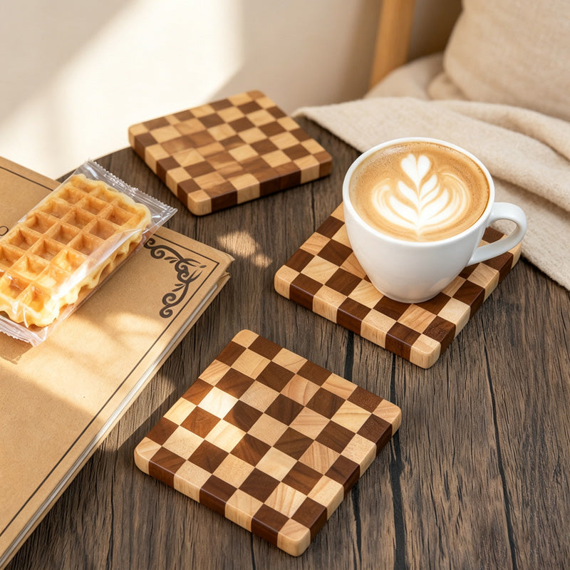 CouldNook Checkerboard Wood Coaster - Square Rubberwood Geometric Design