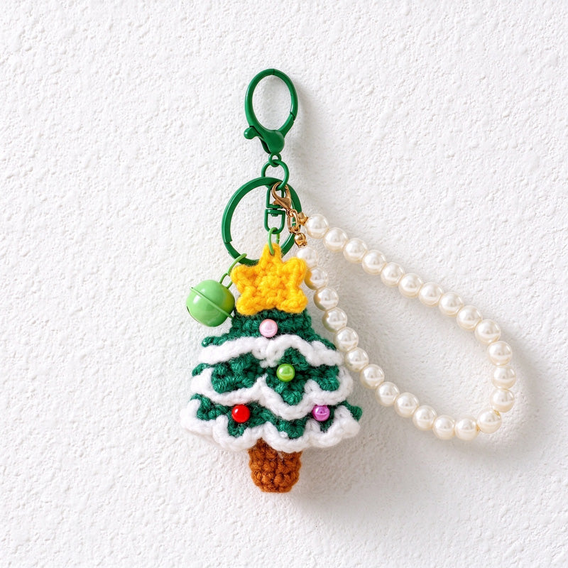 Crochet Christmas Tree Keychain with Pearl-Look Bead Loop