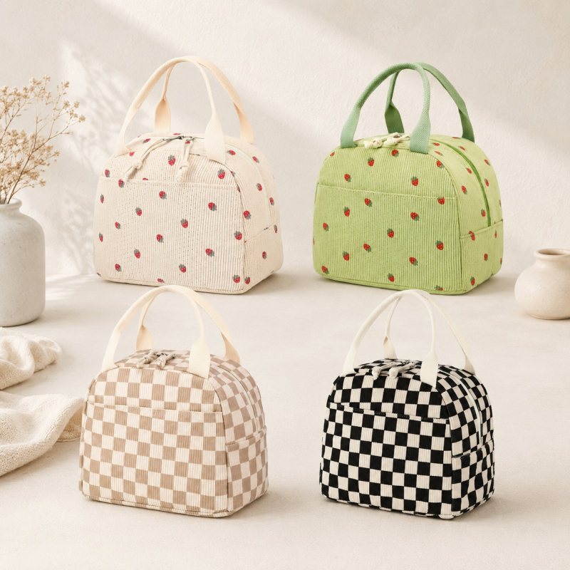 CouldNook Corduroy-Look Lunch Bag - Double Zipper and Front Pocket
