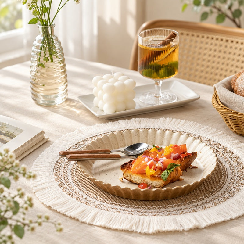 CouldNook Round Jute Placemat - Mandala Print and Decorative Trim