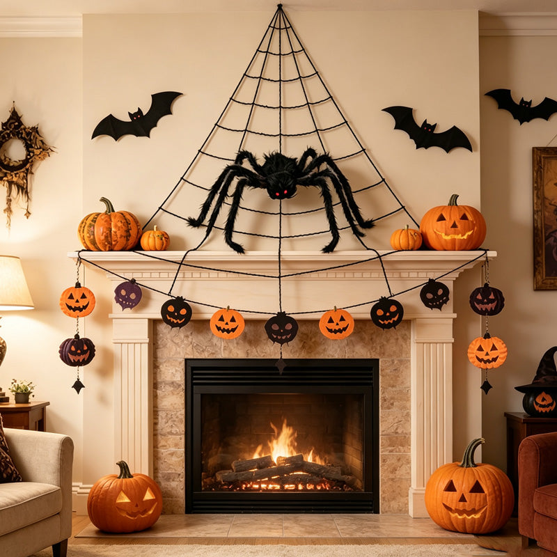 CouldNook Plush Fake Spider with Triangular Spider Web‑Halloween Prank Party Decoration Prop