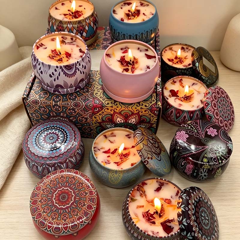 CouldNook Patterned Tin Scented Candle - Decorative Lid And Floral Wax Accents