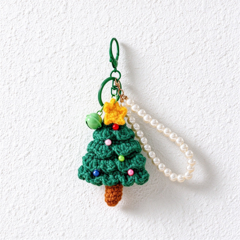 Crochet Christmas Tree Keychain with Pearl-Look Bead Loop