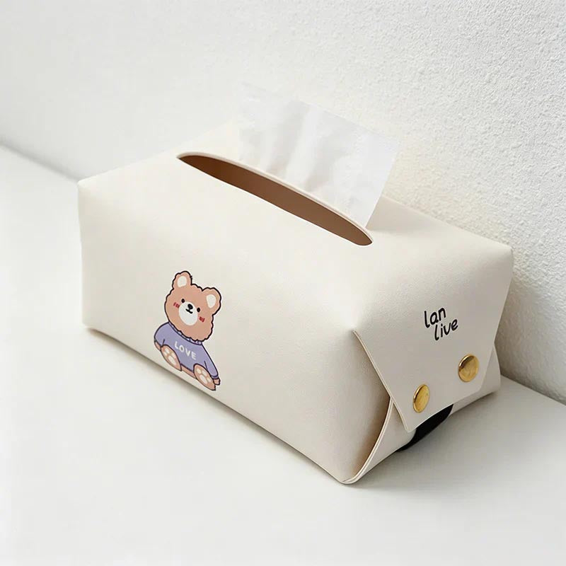 Car Hanging PU Leather Tissue Box - Cute Cartoon Multi-Functional Tissue Holder