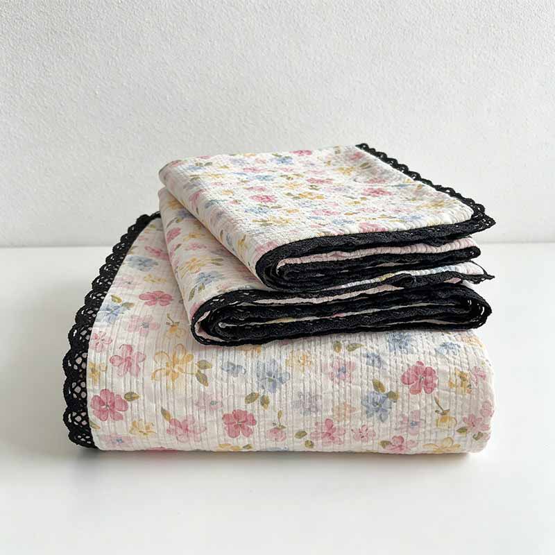 Lace Edge Flat Bed Sheet - Washed Cotton Bubble Gauze Cute Cartoon Printed Bed Cover