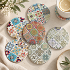 CouldNook Patterned Round Ceramic Coaster - Colorful Tile Designs Accent