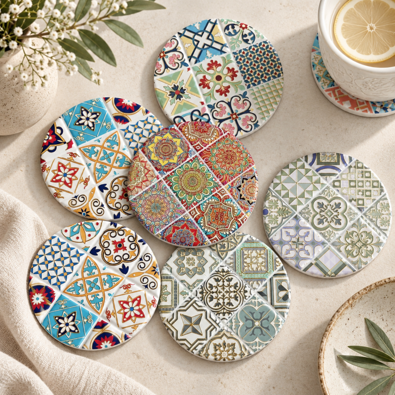 CouldNook Patterned Round Ceramic Coaster - Colorful Tile Designs Accent