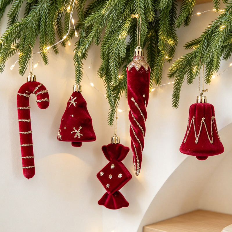CouldNook Flocked Christmas Ornament Set - Glitter Details and Hanging Loops