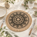 CouldNook Round Jute Placemat - Mandala Print and Decorative Trim