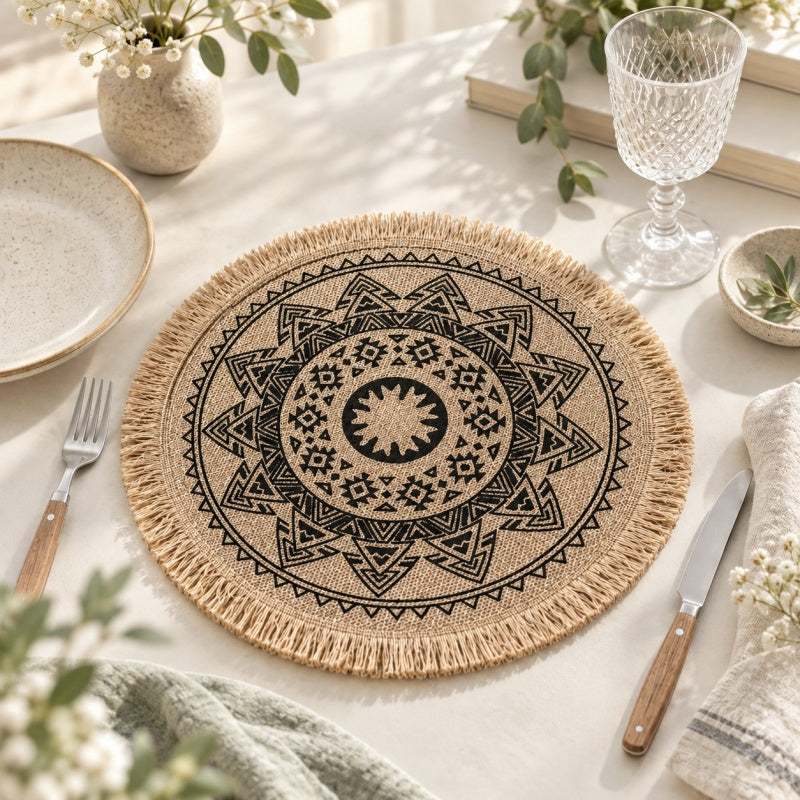 CouldNook Round Jute Placemat - Mandala Print and Decorative Trim