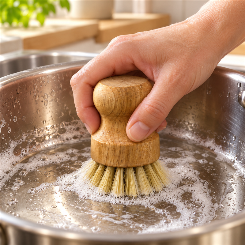Short Wooden Dish Brush with Round Bristle Head