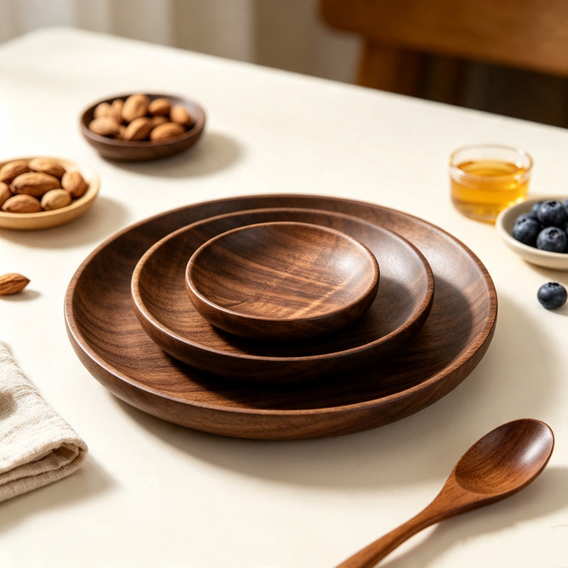 CloudNook Faux Walnut Wood Plate‑Solid Round Serving Dish