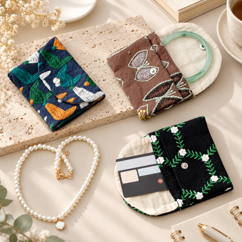 CouldNook Embroidered Card Pouch - Curved Flap And Snap Closure