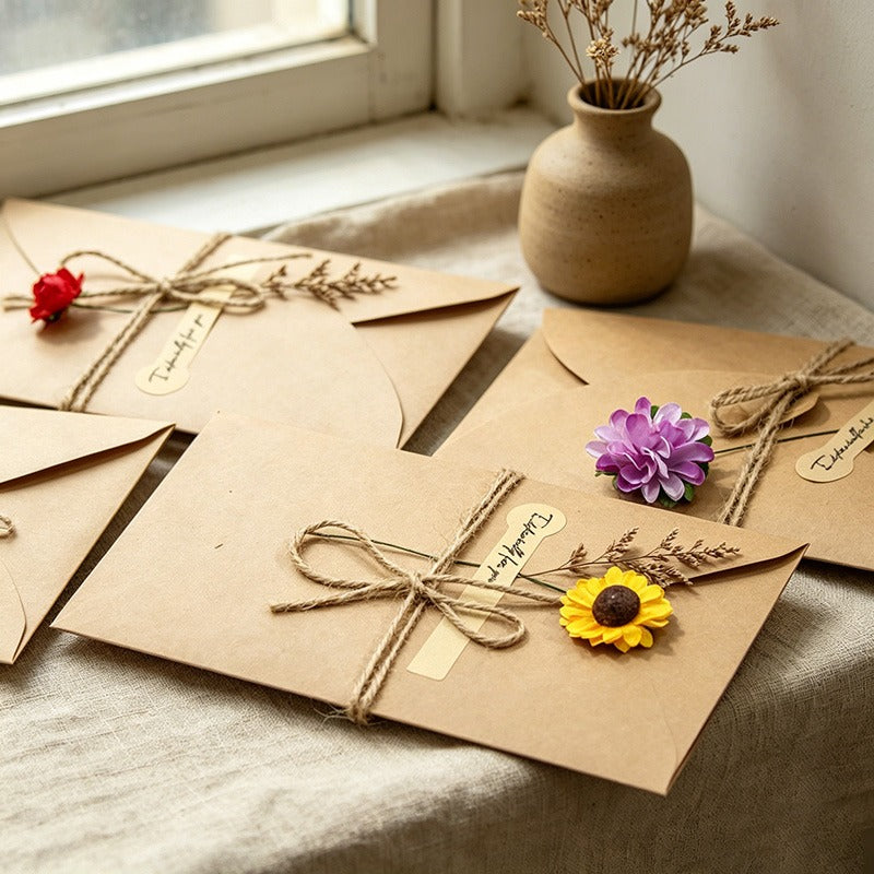 Vintage Kraft Paper DIY Dried Flower Greeting Cards, Assorted Floral Designs for All Occasions