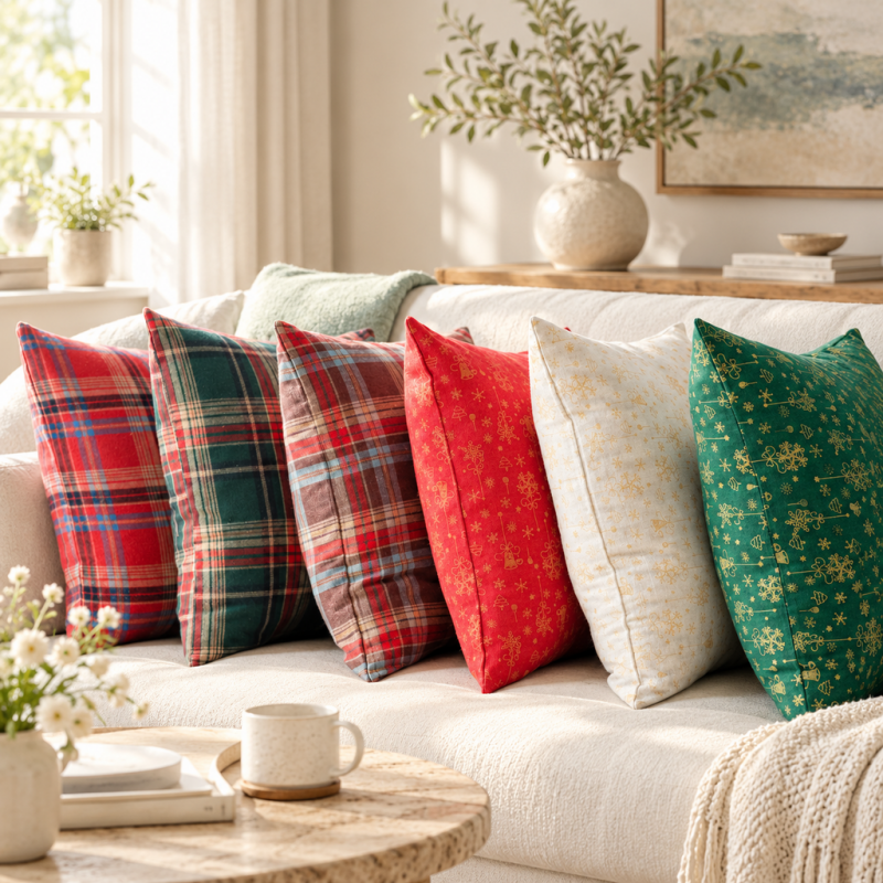 CouldNook Seasonal Pattern Cushion - Plaid Checks And Raised Festive Motifs