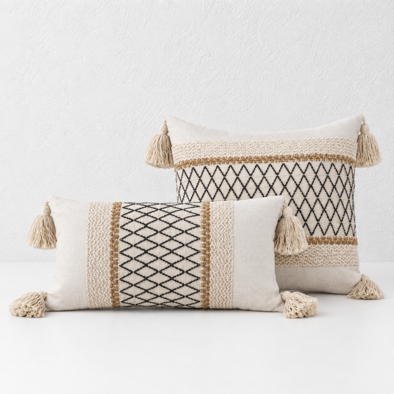 CouldNook Tasseled Cushion Cover - Woven Patterns And Four Corner Tassels