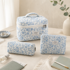 CouldNook Three Piece Quilted Cosmetic Bag Set - Floral Travel Organizers